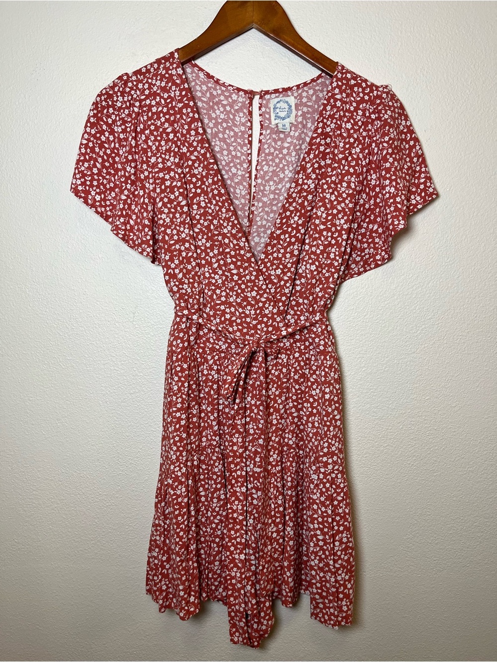 Blue Rain Rust Red Floral Tie-Waist Romper Dress